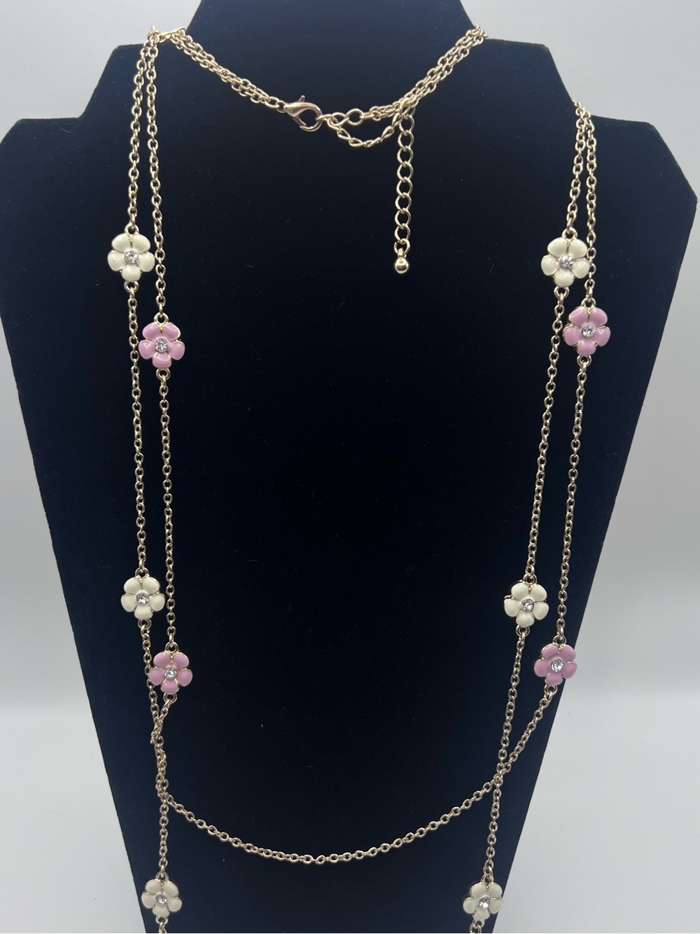 Gold Long Floral Station Necklace - Pink & Cream